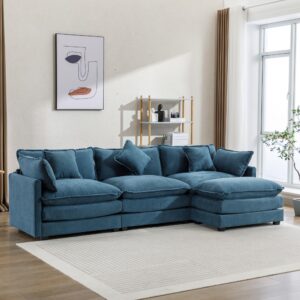 JIVOIT 112.2" L-Shape Chenille Upholstered Sofa with 5 Pillows, Modern Luxury Sofa Couch with Removable Ottoman, 3-Seater Couch Sectional Sofa Set for Living Room (Blue-5 Pillows)