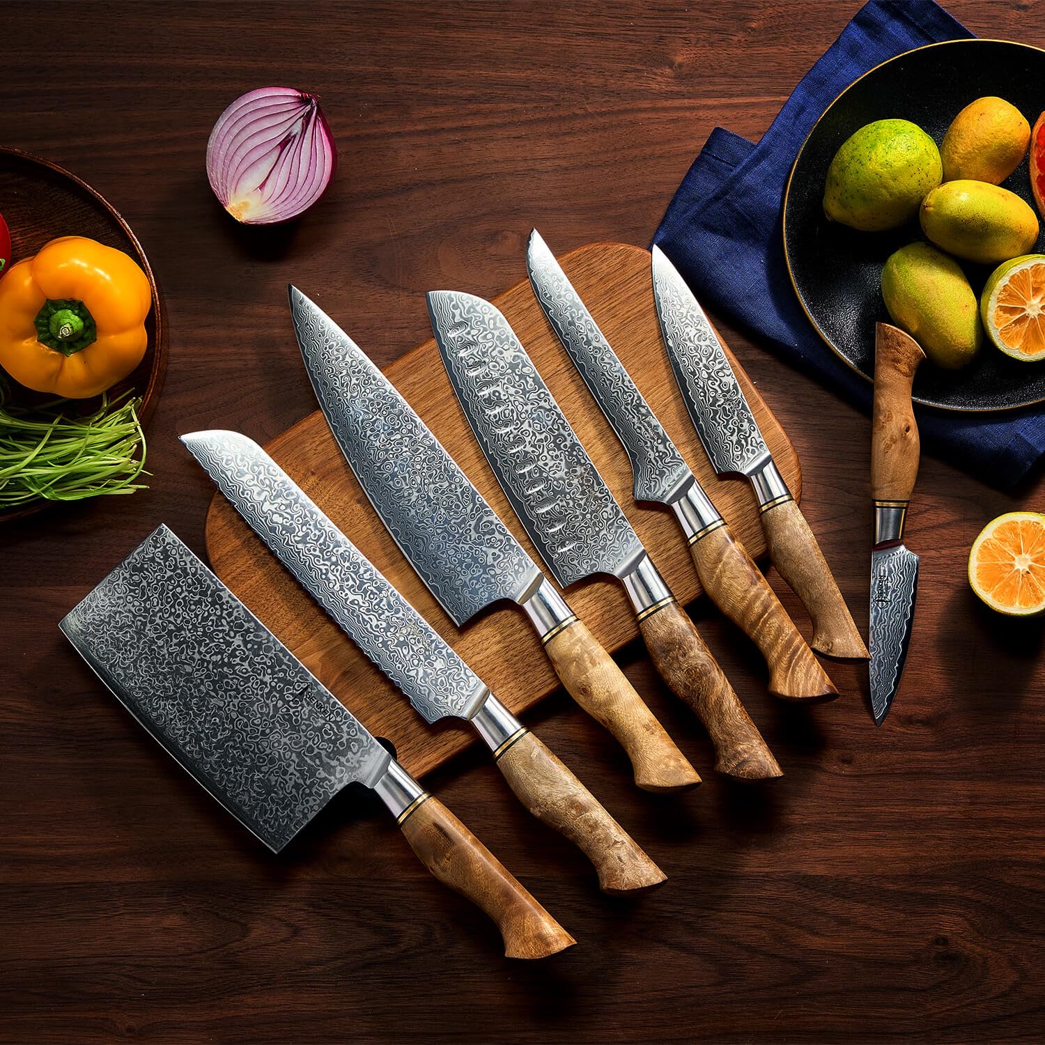 SENKEN 7-Piece Damascus Kitchen Knife Set - Dynasty Collection - 67-Layer Japanese VG10 Steel with Sycamore Wood Handles, Chef's Knife, Cleaver, Bread, Santoku, Boning, & More