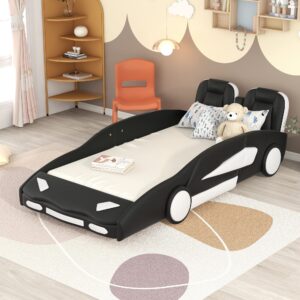 rorigat twin size race car-shaped platform bed,upholstered car bed with two seats for kids boys,wood slat support,for kids toddlers boys girls bedroom, no box spring needed,black