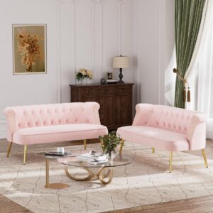 DAMAIFROM Velvet Loveseat Sofa, Modern 2 Seater Sofa with Gold Legs, 51" W Upholstered Tufted Couch for Living Room, Comfy Love Seat Small Furniture for Apartment, Small Spaces, Pink