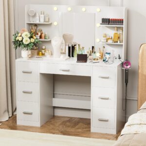 victone vanity desk with led lighted mirror&power outlet, 3 model lights makeup vanity table with 7 drawers and 6 storage shelves for bedroom and dressing room (white)