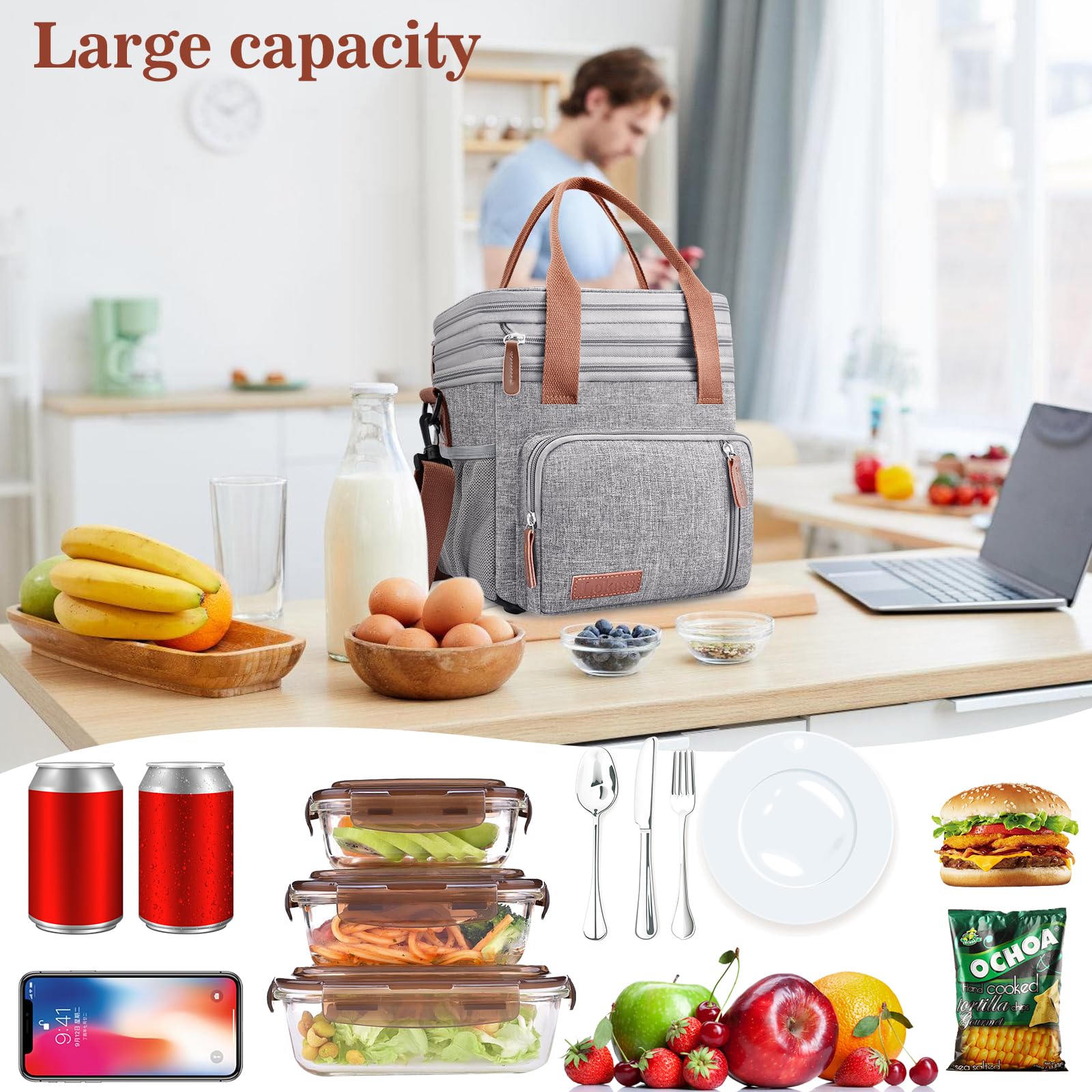 BAGNN Lunch Box & Lunch Bag for Women Men, Large Insulated Adult Lunch Box Leakproof Lunchbox Cooler Bag for Work Picnic Beach,16L, Gray