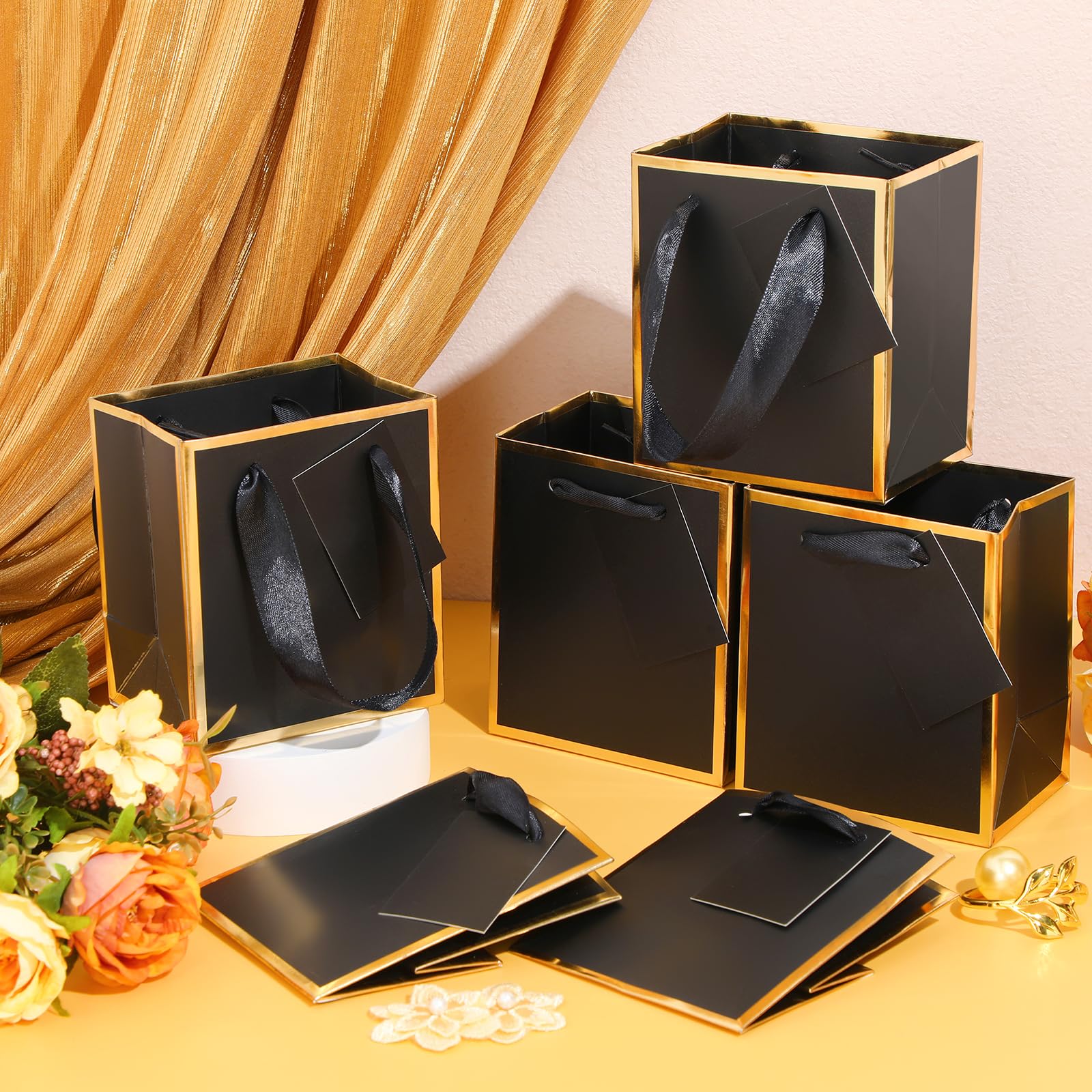 Yeaqee 50 Pcs Mini Metallic Paper Gift Bags with Handles 4x2.75x4.5'' Tiny Small Gift Bags with Thank You Tag for Thanksgiving Day Christmas Fall Holiday Wedding Bridesmaid(Black, Gold)