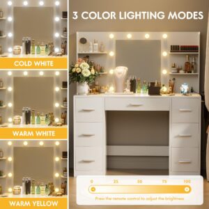 VICTONE Vanity Desk with LED Lighted Mirror&Power Outlet, 3 Model Lights Makeup Vanity Table with 7 Drawers and 6 Storage Shelves for Bedroom and Dressing Room (White)