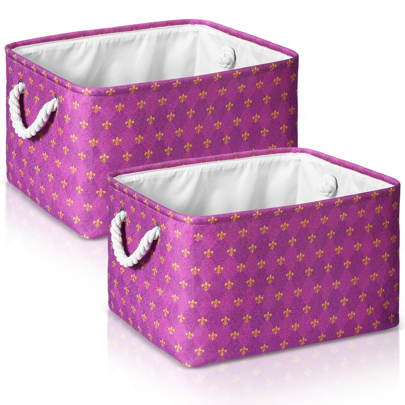 Sunnychicc Easter Basket, Easter Eggs Bunny Flower Foldable Storage Bins with Handles, Easter Canvas Cubes Fabric Collapsible Organizer Bag for Storage Clothes(Fleur De Lis, 2 Pcs)