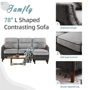 JAMFLY Sectional L Shaped Sofa Couch with Side Storage Bag, Convertible Sofa for Living Room with Reversible Chaise and Rivet Decor for Apartment and Small Space, Grey