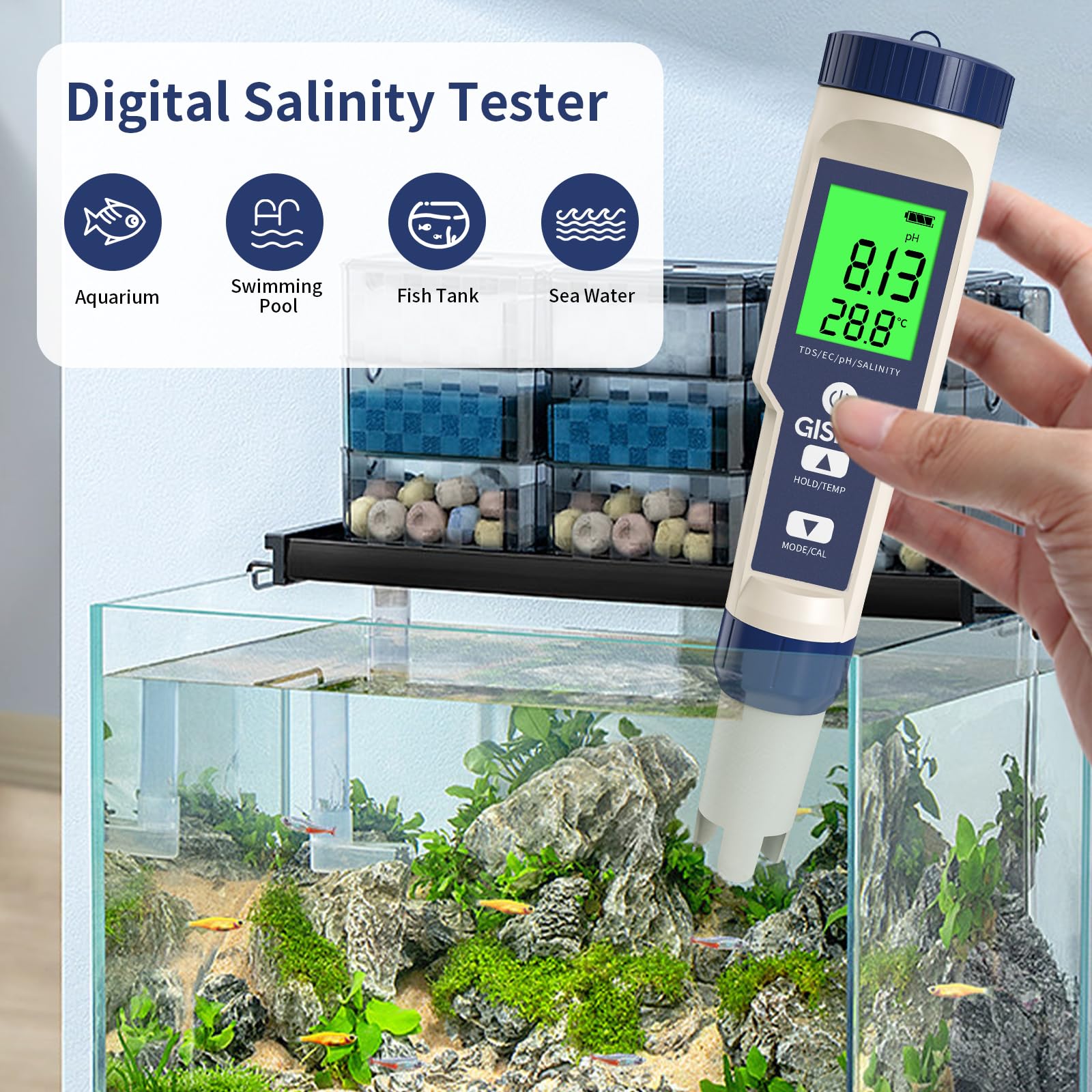 GISNPA PH Meter, 5 in 1 pH/TDS/EC/Salinity/Temp Meter, Waterproof Pool Salt Tester, 0.01 Resolution High Accuracy Water Tester for Drinking Water, Hydroponics, Saltwater Pool, Aquarium, Koi Fish Pond