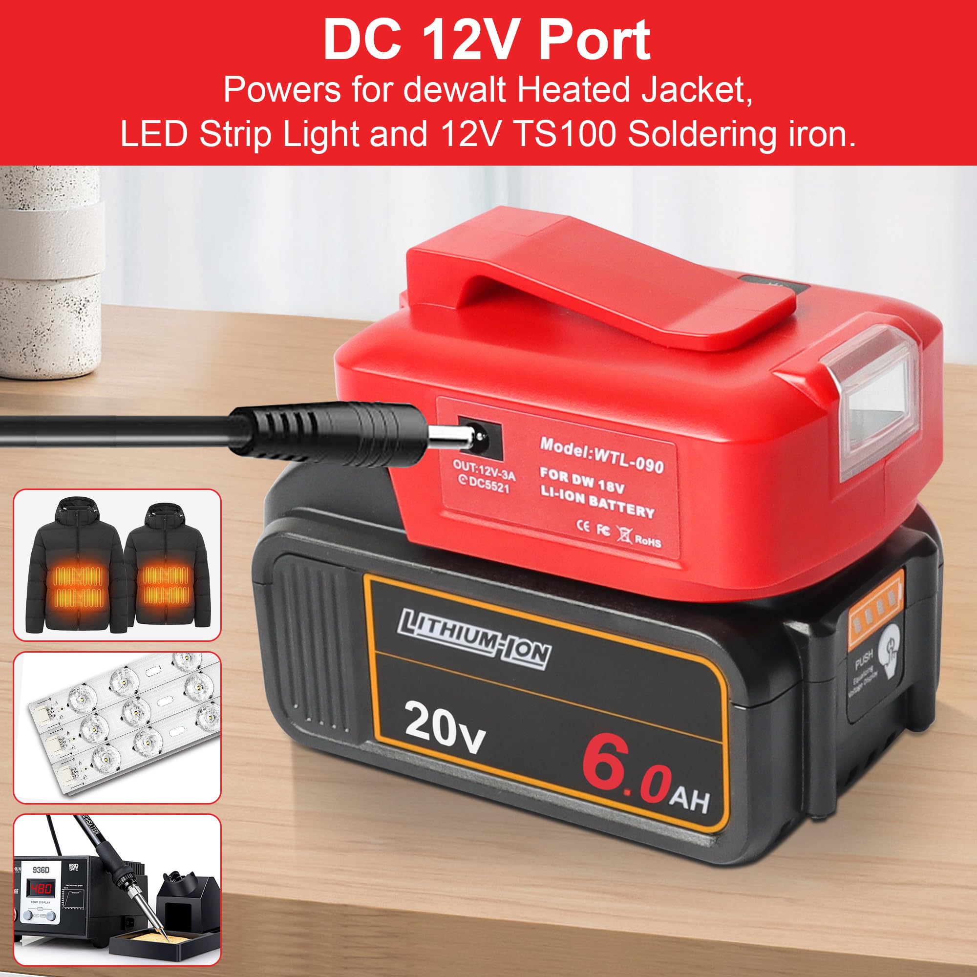 Xinriga Multi-Functional Power Adapter Compatible with DEWALT and Milwaukee Batteries with Dual USB Ports and 12V DC Port Three-mode work light-Compatible with DEWALT USB Charger Adapter 20V Batteries