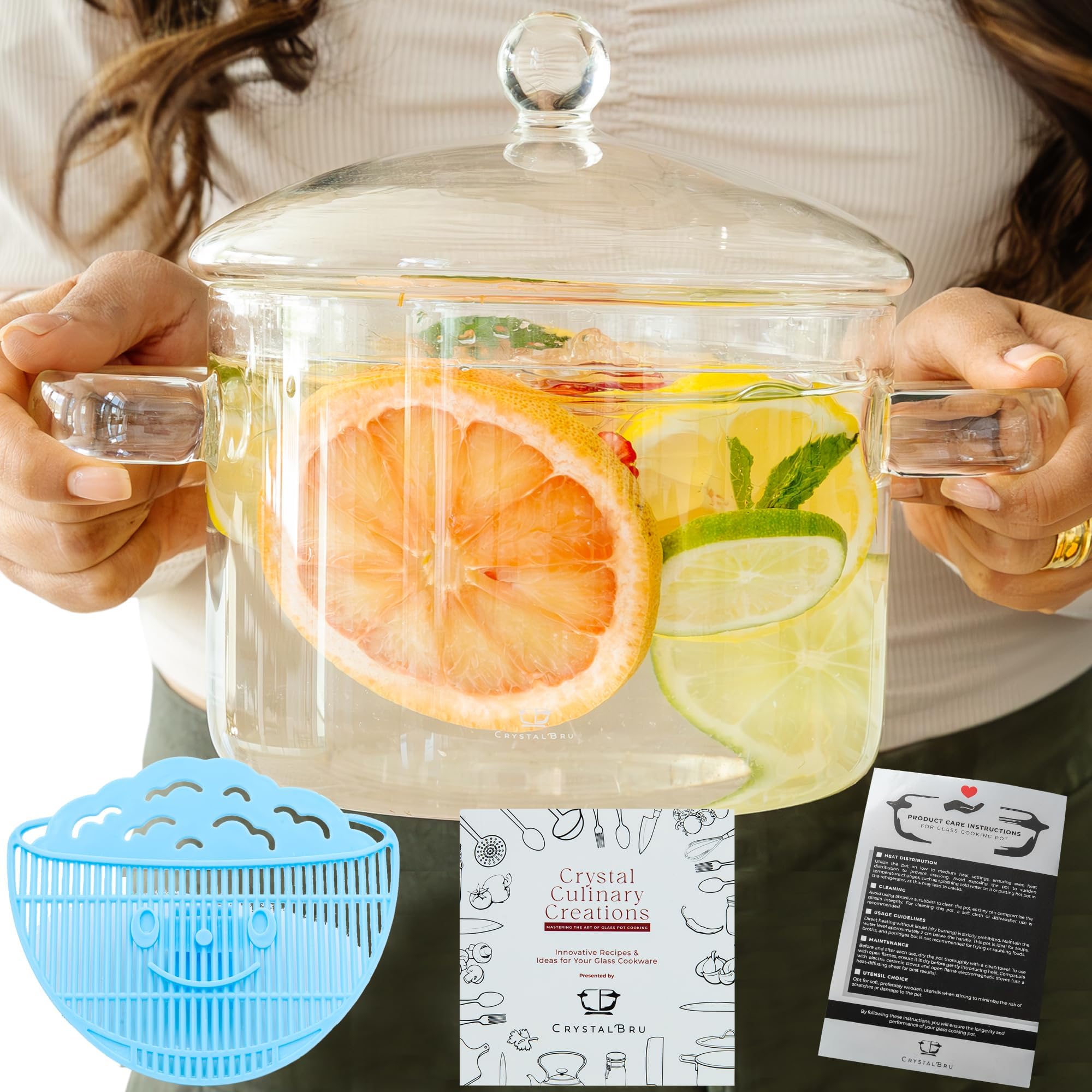 2L Clear Glass Simmer Pot with Lid & Strainer – Heat-Resistant Borosilicate Cooking Pot for Pasta, Soup, Baby Food, Milk – Electric Simmer Pot for Home Fragrance – Anti-Scald Handles