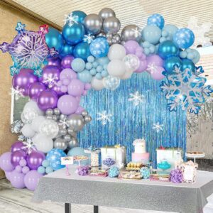 snow birthday party supplies winter wonderland balloon garland arch kit metallic blue, purple balloons, snowflake tablecoth for frozen mermaid, for alice themed princess girl baby shower party decor