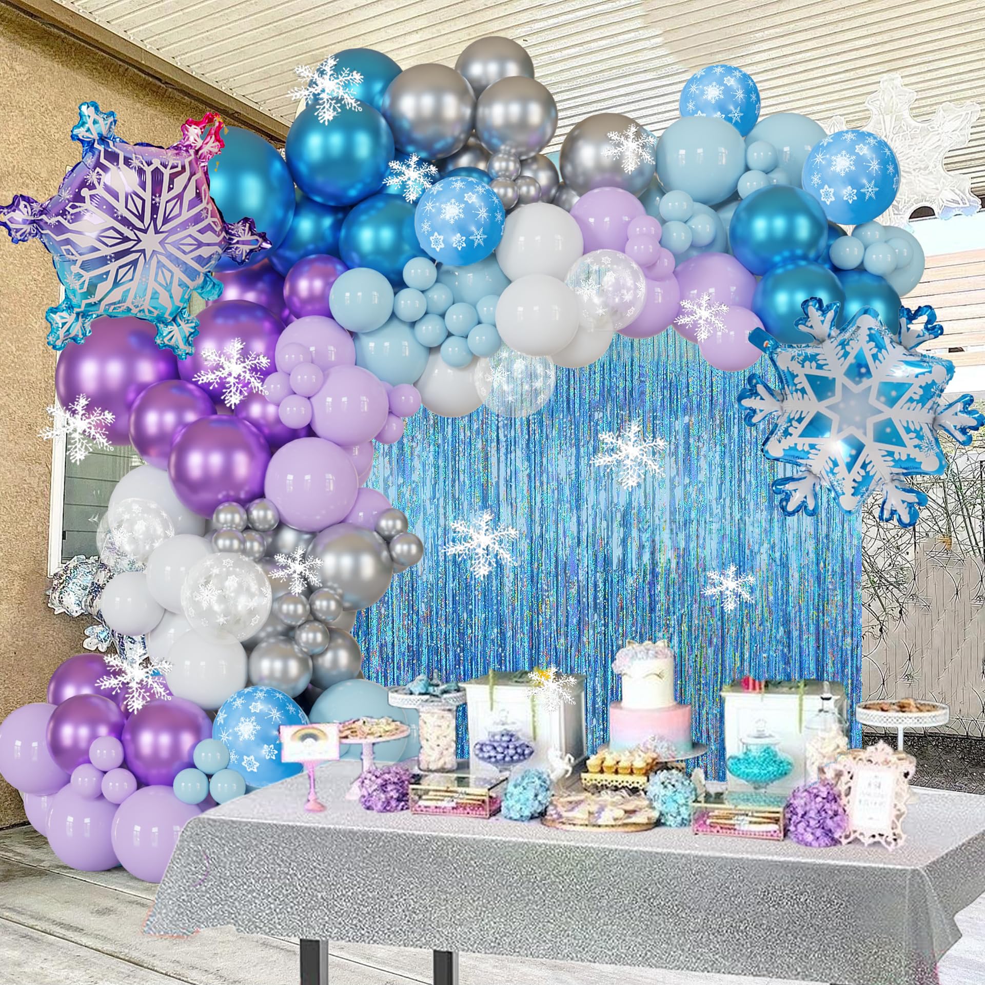 Snow Birthday Party Supplies Winter Wonderland Balloon Garland Arch Kit Metallic Blue, Purple Balloons, Snowflake Tablecoth for Frozen Mermaid, for Alice Themed Princess Girl Baby Shower Party Decor