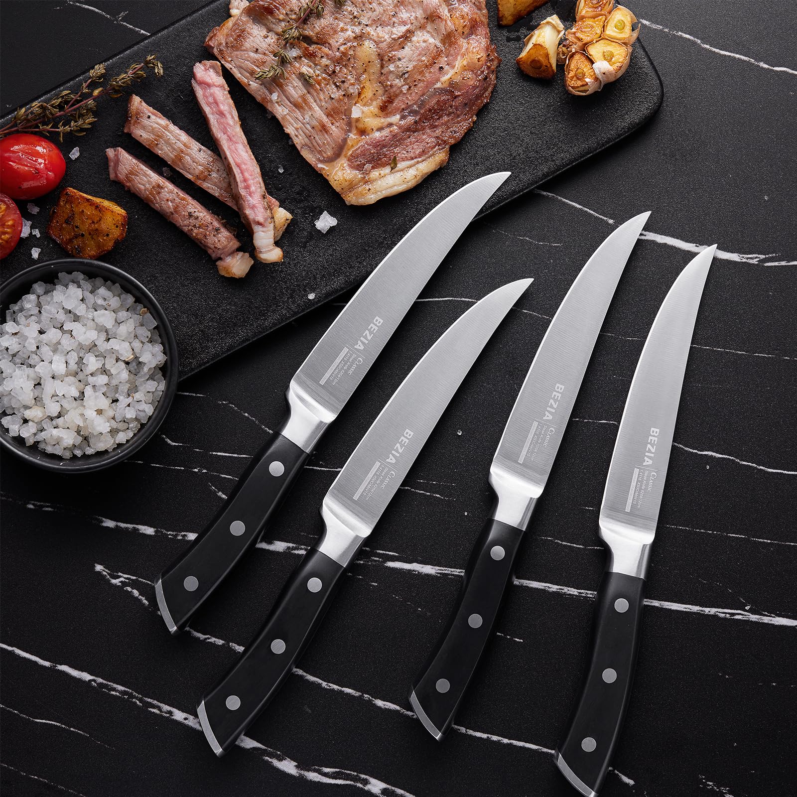 BEZIA Steak Knives Set of 4, Extra Sharp Non Serrated Steak Knife Set, German Steel Blades with Full Tang Ergonomic Handle