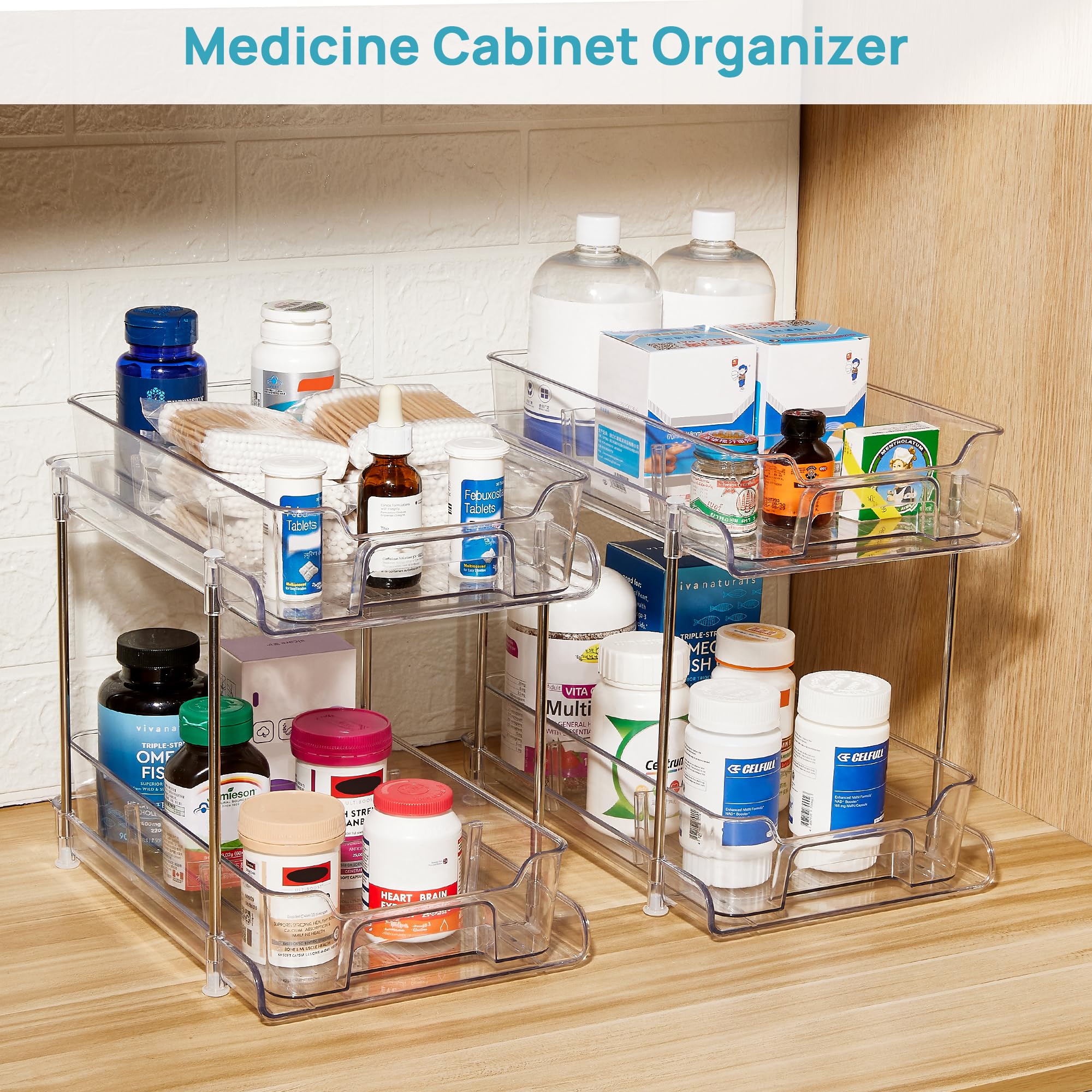 Vtopmart 4 Pack 2 Tier Bathroom Under Sink Organizers and Storage, Clear Kitchen Pantry Organization, Pull Out Medicine Cabinet Organizer with Movable Dividers