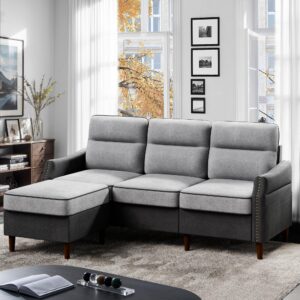 jamfly sectional l shaped sofa couch with side storage bag, convertible sofa for living room with reversible chaise and rivet decor for apartment and small space, grey