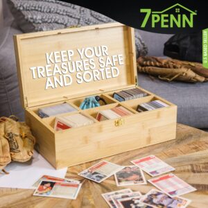 7Penn Trading Card Storage Box - 6 Compartment Bamboo Card Organizer Box with Dividers - 1200 Card Latching Wooden Top Loading Organizing Case for Collecting Sports Cards and Role Playing Game Cards