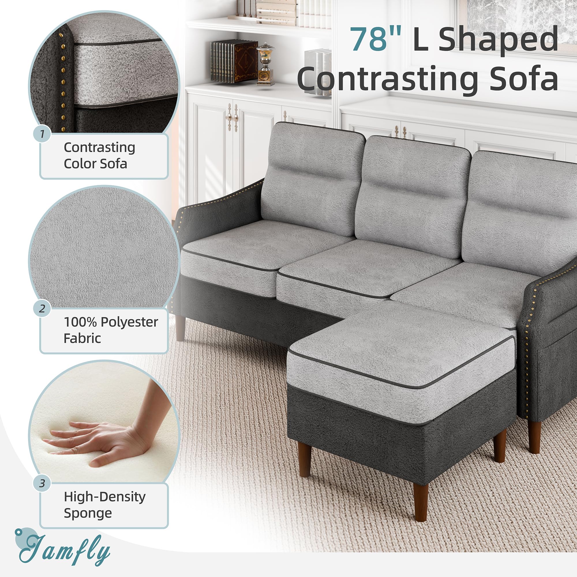 JAMFLY Sectional L Shaped Sofa Couch with Side Storage Bag, Convertible Sofa for Living Room with Reversible Chaise and Rivet Decor for Apartment and Small Space, Grey