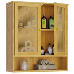 trifeble bathroom wall cabinet, bamboo medicine cabinet with 2 rattan doors and adjustable shelf, over the toilet storage organizer, natural cabinet wall mounted for bathroom, laundry room, hallway