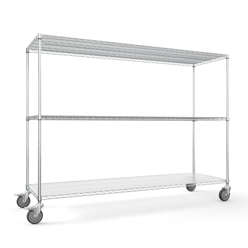 3 Tier NSF Wire Shelf Shelving Unit, 24 x 72 x 62 Inch 3000lbs Capacity Heavy Duty Adjustable Storage Rack with 5in Wheels and Shelf Liners and Extensible Designs Large Utility Storage Rack - Chrome