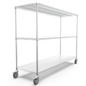 3 Tier NSF Wire Shelf Shelving Unit, 24 x 72 x 62 Inch 3000lbs Capacity Heavy Duty Adjustable Storage Rack with 5in Wheels and Shelf Liners and Extensible Designs Large Utility Storage Rack - Chrome