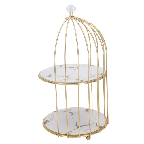 Syrisora Double Layer Storage Shelf Bird Cage Organizer Display Rack for Bathroom Countertop Dressing Table Gold Frame (White Base Gold Pattern)