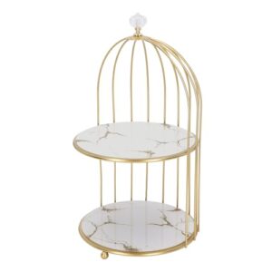 Syrisora Double Layer Storage Shelf Bird Cage Organizer Display Rack for Bathroom Countertop Dressing Table Gold Frame (White Base Gold Pattern)