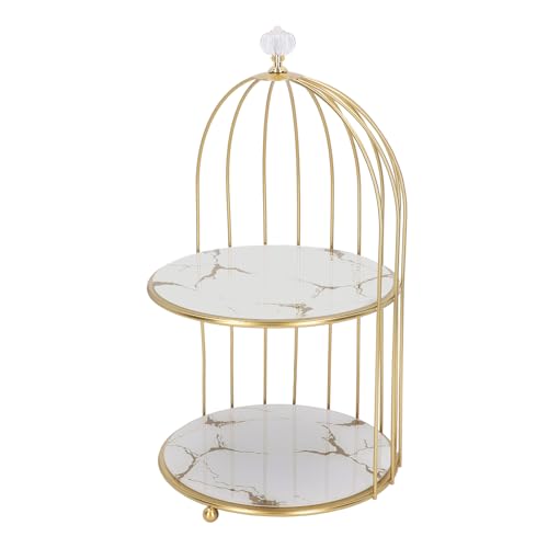 Syrisora Double Layer Storage Shelf Bird Cage Organizer Display Rack for Bathroom Countertop Dressing Table Gold Frame (White Base Gold Pattern)