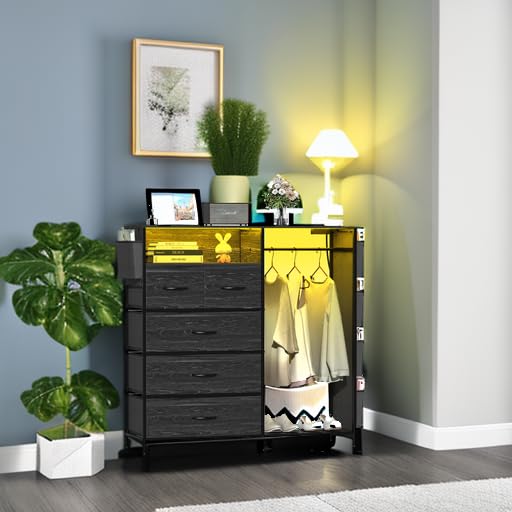 Espelism Dresser for Bedroom with Clothes Rack Side Pockets 5 Drawer Dresser with Charging Station LED Lights Black Storage Chest of Drawers for Nursery Hallway Closet Sturdy Steel Frame Wood Top