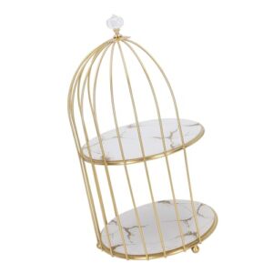 Syrisora Double Layer Storage Shelf Bird Cage Organizer Display Rack for Bathroom Countertop Dressing Table Gold Frame (White Base Gold Pattern)