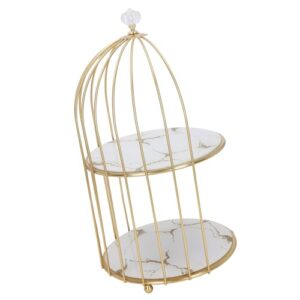 Syrisora Double Layer Storage Shelf Bird Cage Organizer Display Rack for Bathroom Countertop Dressing Table Gold Frame (White Base Gold Pattern)