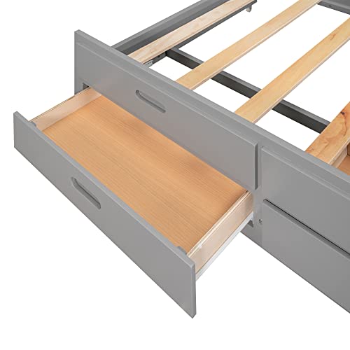 BOVZA Queen Size Canopy Platform Bed with Twin Trundle and 3 Storage Drawers, Wood Daybed Frames for Kids Teens Boys Girls,Gray