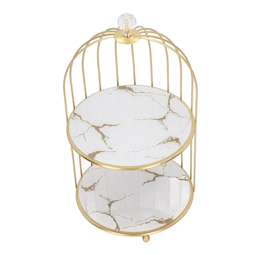 Syrisora Double Layer Storage Shelf Bird Cage Organizer Display Rack for Bathroom Countertop Dressing Table Gold Frame (White Base Gold Pattern)