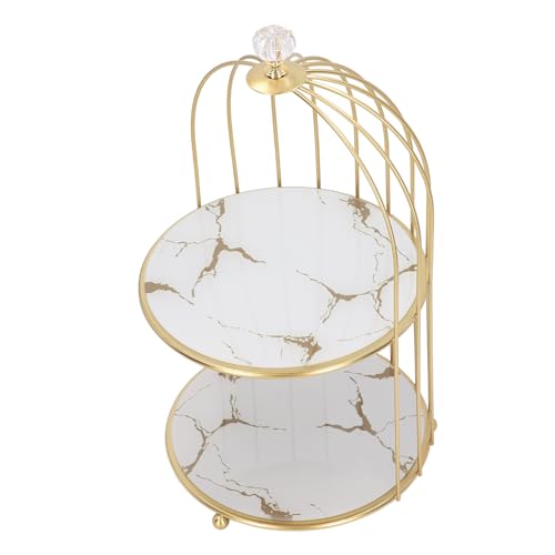 Syrisora Double Layer Storage Shelf Bird Cage Organizer Display Rack for Bathroom Countertop Dressing Table Gold Frame (White Base Gold Pattern)