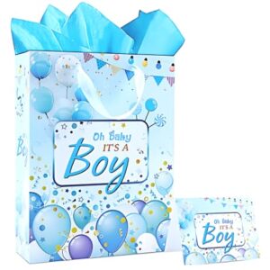 large blue baby boy gift bag with tissue paper and greeting card, it's a boy baby shower paper bag baby boy wrapping paper bag with ribbon handles for party supplies decorations,1st birthday gender reveal party favors