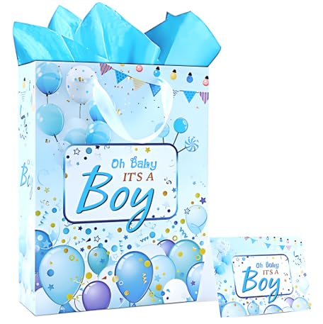 Large Blue Baby Boy Gift Bag with Tissue Paper and Greeting Card, It's A Boy Baby Shower Paper Bag Baby Boy Wrapping Paper Bag with Ribbon Handles for Party Supplies Decorations,1st Birthday Gender Reveal Party Favors