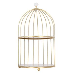 Syrisora Double Layer Storage Shelf Bird Cage Organizer Display Rack for Bathroom Countertop Dressing Table Gold Frame (White Base Gold Pattern)