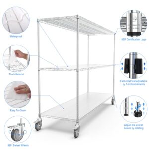 3 Tier NSF Wire Shelf Shelving Unit, 24 x 72 x 62 Inch 3000lbs Capacity Heavy Duty Adjustable Storage Rack with 5in Wheels and Shelf Liners and Extensible Designs Large Utility Storage Rack - Chrome