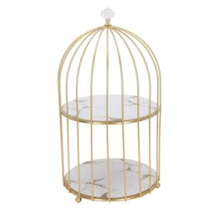 Syrisora Double Layer Storage Shelf Bird Cage Organizer Display Rack for Bathroom Countertop Dressing Table Gold Frame (White Base Gold Pattern)