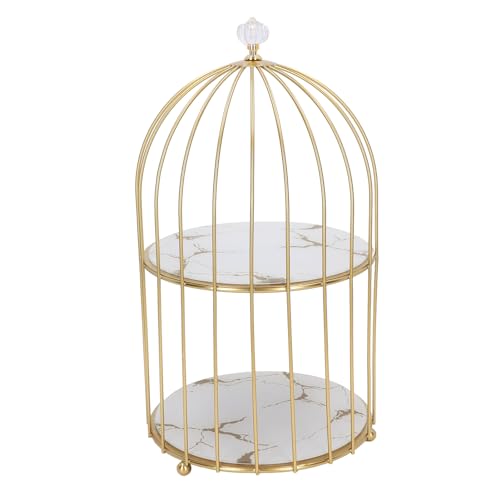 Syrisora Double Layer Storage Shelf Bird Cage Organizer Display Rack for Bathroom Countertop Dressing Table Gold Frame (White Base Gold Pattern)