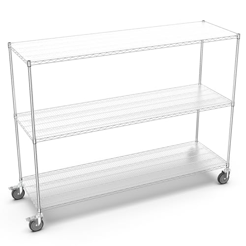 3 Tier NSF Wire Shelf Shelving Unit, 24 x 72 x 62 Inch 3000lbs Capacity Heavy Duty Adjustable Storage Rack with 5in Wheels and Shelf Liners and Extensible Designs Large Utility Storage Rack - Chrome