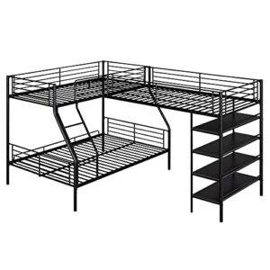 RORIGAT Metal L-Shaped Bunk Bed,Triple Bunk Beds for Kids,L-Shaped Metal Twin Over Full Bunk Bed and Twin Size Loft Bed with Four Built-in Shelves,for Three Kids Teens Boys Girls,Black