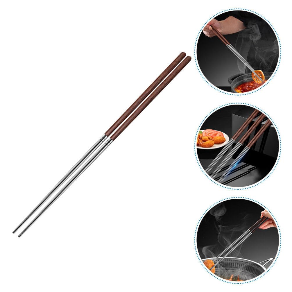 Kichvoe 1 Pair Long Cooking Chopstick Stainless Steel Chopstick with Wooden Handle 40cm Chinese Long Hot Pot Chopstick Wooden Frying Chopstick for Hot Pot Frying Noodle Cooking Favor