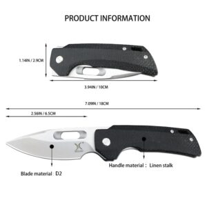 2.56'' D2 Steel Blade Linen Handle with Clip Mini Folding Pocket Knife,Camping Portable EDC Tool,Outdoor Survival Knives,Christmas Gift for Men (Black Handle)