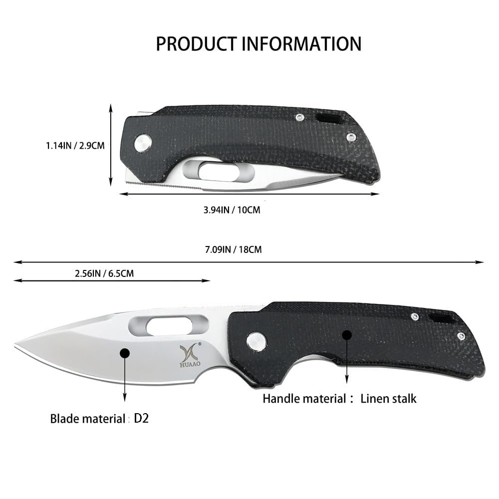 2.56'' D2 Steel Blade Linen Handle with Clip Mini Folding Pocket Knife,Camping Portable EDC Tool,Outdoor Survival Knives,Christmas Gift for Men (Black Handle)