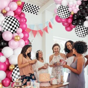 FunHot Pink Race Car Balloon Arch Garland Kit, Hot Pink Black Balloons Arch with Black and White Plaid Foil Balloons for Kids Girls Racing Car Theme Birthday Baby Shower Party Decorations