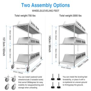 3 Tier NSF Wire Shelf Shelving Unit, 24 x 72 x 62 Inch 3000lbs Capacity Heavy Duty Adjustable Storage Rack with 5in Wheels and Shelf Liners and Extensible Designs Large Utility Storage Rack - Chrome