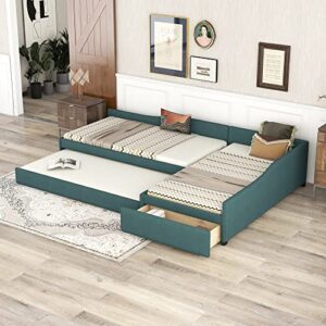 RORIGAT L-Shaped Upholstered Double Twin Size Daybed with Trundle and Drawer for Kids Boys Girls Student, Green