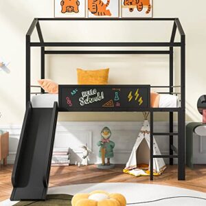 bovza twin size metal house loft bed with slide and roof, multifunctional loftbed frame with two-sided writable wooden board, black