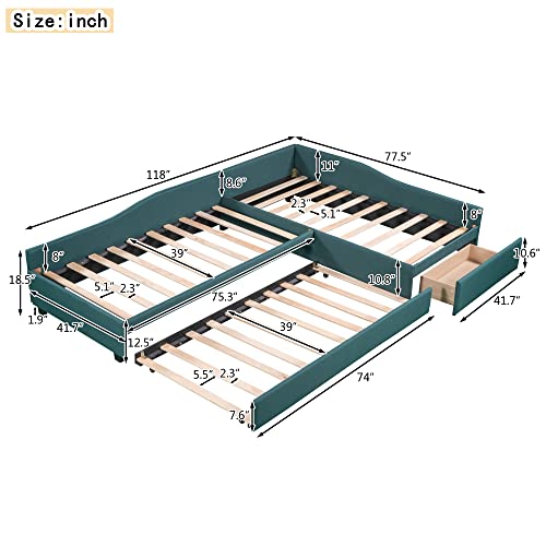 RORIGAT L-Shaped Upholstered Double Twin Size Daybed with Trundle and Drawer for Kids Boys Girls Student, Green