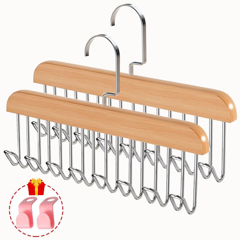 Plowatxi Belt Hanger for Closet 2 Pack Belt Hanger with 16 Hooks, Sturdy Wooden Non-Slip Belt Holder for Closet Space Saving Belt Organizer for Closet Rotating Display Belt Rack for Bra Hat Tank Tops