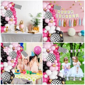 FunHot Pink Race Car Balloon Arch Garland Kit, Hot Pink Black Balloons Arch with Black and White Plaid Foil Balloons for Kids Girls Racing Car Theme Birthday Baby Shower Party Decorations